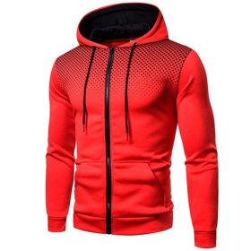 Men's polka dot zipper hoodie sweater Autumn and winter plush warm hoodie hoodie sweatshirt (Color: Red, size: L)