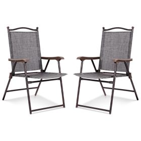 Set of 2 Patio Folding Sling Back Camping Deck Chairs (Color: Gray)