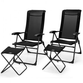 4 Pieces Patio Adjustable Back Folding Dining Chair Ottoman Set (Color: Black)