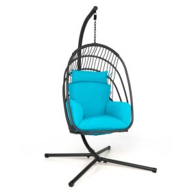 Hanging Folding Egg Chair with Stand Soft Cushion Pillow Swing Hammock (Color: Turquoise)